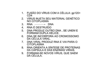 1. FUSÃO DO VÍRUS COM A CÉLULA: gp120+
CD4
2. VÍRUS INJETA SEU MATERIAL GENÉTICO
NO CITOPLASMA
3. RNA DNA
4. RNA É DESTRUÍDO
5. DNA PRODUZ OUTRO DNA , SE UNEM E
FORMAM DUPLA HÉLICE.
6. DNA SE INCORPORA AO CROMOSSOMO
DA CÉLULA VIRAL.
7. DNA VIRAL PRODUZ RNA E VAI PARA O
CITOPLASMA
8. RNA ORIENTA A SÍNTESE DE PROTEÍNAS
DA CÁPSULA E DAS ENZIMAS VIRAIS.
9. FORMAM-SE NOVOS VÍRUS, QUE SAEM
DA CÉLULA.
 