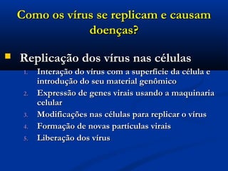 Como os vírus se replicam e causamComo os vírus se replicam e causam
doenças?doenças?
 Replicação dos vírus nas célulasReplicação dos vírus nas células
1.1. Interação do vírus com a superfície da célula eInteração do vírus com a superfície da célula e
introdução do seu material genômicointrodução do seu material genômico
2.2. Expressão de genes virais usando a maquinariaExpressão de genes virais usando a maquinaria
celularcelular
3.3. Modificações nas células para replicar o vírusModificações nas células para replicar o vírus
4.4. Formação de novas partículas viraisFormação de novas partículas virais
5.5. Liberação dos vírusLiberação dos vírus
 