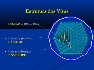 Estrutura dos VírusEstrutura dos Vírus
• GENOMAGENOMA de RNA or DNAde RNA or DNA
• Uma membrana, oUma membrana, o
ENVELOPE.ENVELOPE.
• Uma capa proteicaUma capa proteica
CAPSIDIOCAPSIDIO..
 