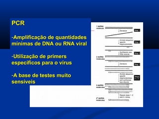 PCRPCR
-Amplificação de quantidadesAmplificação de quantidades
mínimas de DNA ou RNA viralmínimas de DNA ou RNA viral
-Utilização de primersUtilização de primers
específicos para o vírusespecíficos para o vírus
-A base de testes muitoA base de testes muito
sensíveissensíveis
 