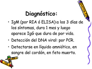 Diagnóstico: IgM (por RIA ó ELISA):a los 3 días de los síntomas, dura 1 mes y luego aparece IgG que dura de por vida. Detección del DNA viral: por PCR. Detectarse en líquido amniótico, en sangre del cordón, en feto muerto. 