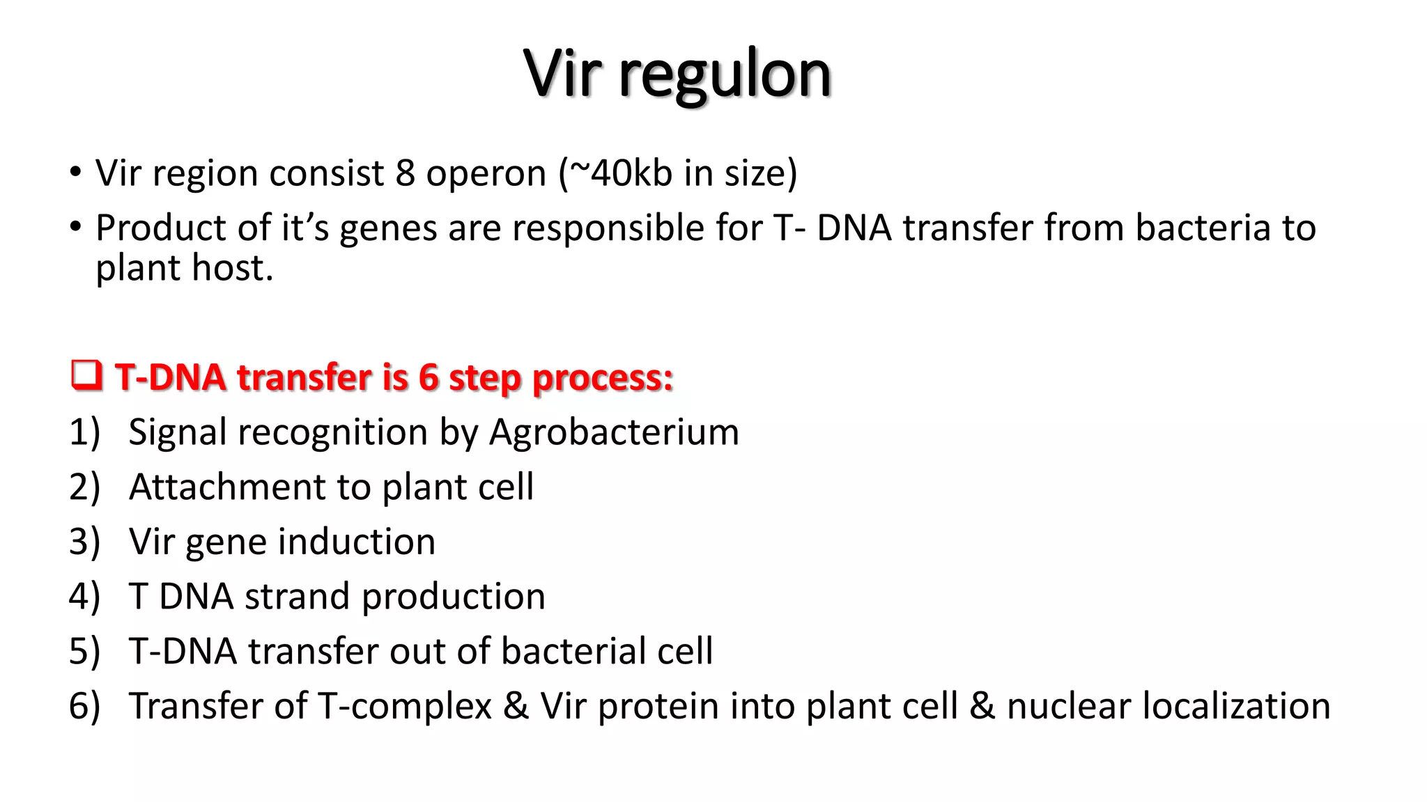 Vir regulon
• Vir region consist 8 operon (~40kb in size)
• Product of it’s genes are responsible for T- DNA transfer from bacteria to
plant host.
 T-DNA transfer is 6 step process:
1) Signal recognition by Agrobacterium
2) Attachment to plant cell
3) Vir gene induction
4) T DNA strand production
5) T-DNA transfer out of bacterial cell
6) Transfer of T-complex & Vir protein into plant cell & nuclear localization
 
