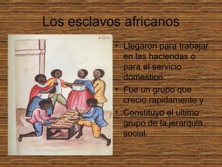 Los esclavos africanos Llegaron para trabajar en las haciendas o para el servicio domestico. Fue un grupo que crecio rapidamente y Constituyo el ultimo grupo de la jerarquia social.