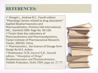 REFERENCES:
 Shargel L., Andrew B.C., Fourth edition
“Physiologic factors related to drug absorption”
Applied Biopharmaceutics and
Pharmacokinetics, Prentice Hall International,
INC., Stanford 1999. Page No. 99-128.
Tianjin State Key Laboratory of
Pharmacokinetics and Pharmacodynamics,
Tianjin Institute of Pharmaceutical Research,
Tianjin, 300193, China.
 Pharmaceutics , the Science of Dosage form
Design By M.E. Aulton.
Brahmankar D.M.,Jaiswal S.B., Second
edition, “Absorption of Drugs”
Biopharmaceutics and Pharmacokinetics,
Vallabh Prakashan, Delhi 2009, page no. 27-77.
 