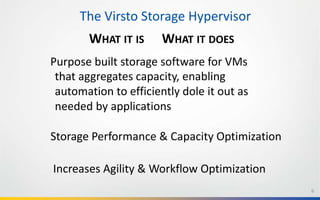 The Virsto Storage Hypervisor
        WHAT IT IS     WHAT IT DOES
Purpose built storage software for VMs
 that aggregates capacity, enabling
 automation to efficiently dole it out as
 needed by applications

Storage Performance & Capacity Optimization

Increases Agility & Workflow Optimization
                                              6
 