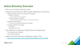 Active Directory Overview
• This is not an Active Directory class
• Windows Active Directory Multi-master Replication Conundrum
– Write Originates from any Domain Controller
• RODC is “special” -
– Cannot perform write operations
• Schema Update is “special”
– Schema update operations happen on the Schema Master
– Selective Partnership
• The Case for Optimal Replication Topology
– Changes MUST Converge
• Eventually
• Preferably On-Time
• The Additional Complexity of Multi-Domain Infrastructure
– The Infrastructure Master
– The Global Catalog
• Useful tool: Active Directory Replication Status Tool
– http://www.microsoft.com/en-us/download/details.aspx?id=30005
CONFIDENTIAL 9
 