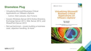 Shameless Plug
• Virtualizing Microsoft Business Critical
Applications on VMware vSphere
– Authors: Matt Liebowitz, Alex Fontana
• Covers Windows Server 2012 Active Directory,
Exchange Server 2013, SQL Server 2012, and
SharePoint Server 2013
• Not just technical – covers building a business
case, objection handling, & more!
CONFIDENTIAL 50
 