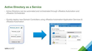 Active Directory as a Service
• Active Directory can be automated and orchestrated through vRealize Automation and
vRealize Orchestrator
• Quickly deploy new Domain Controllers using vRealize Automation Application Services &
vRealize Automation
CONFIDENTIAL 70
 