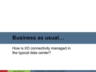 IT Cost/Efficiency Drivers?© Copyright 2005-2011 - Virtensys Proprietary and Confidential Which of these best describes how much time the IT department spends on routine tasks vs. strategic initiatives (i.e. delivering new capabilities that enablebusiness growth)?89% of IT Departments spend at least half of their time on“Routine Tasks”…and 57% spend over 70%Typical tasks include:Physical cabling servers