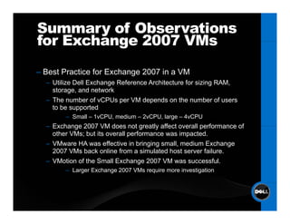 Summary of Observations
for Exchange 2007 VMs
– B t Practice for Exchange 2007 i a VM
  Best P ti f E h                in
  – Utilize Dell Exchange Reference Architecture for sizing RAM,
    storage, and network
  – Th number of vCPUs per VM d
    The      b     f CPU          depends on th number of users
                                        d     the       b    f
    to be supported
        – Small – 1vCPU, medium – 2vCPU, large – 4vCPU
  – Exchange 2007 VM does not greatly affect overall performance of
    other VMs; but its overall performance was impacted.
  – VMware HA was effective in bringing small, medium Exchange
    2007 VMs back online from a simulated host server failure.
  – VMotion of the Small Exchange 2007 VM was successful.
        – Larger Exchange 2007 VMs require more investigation
 