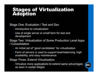 Stages of Virtualization
  Adoption

Stage O
S     One: Evaluation / Test and Dev
           E l i        T      dD
  – Introduction to virtualization
  – Use of single server or small farm for test and
    development
Stage Two: Virtualization of Some Production Level Apps
/ Consolidation
  C    lid i
  – An initial set of “good candidates” for virtualization
  – Farm of servers is used to support load-balancing high
                                         load-balancing,
    availability, and easy maintenance
Stage Three: Extend Virtualization
  – Virtualize more applications to extend same advantages
    as seen in earlier stages
 