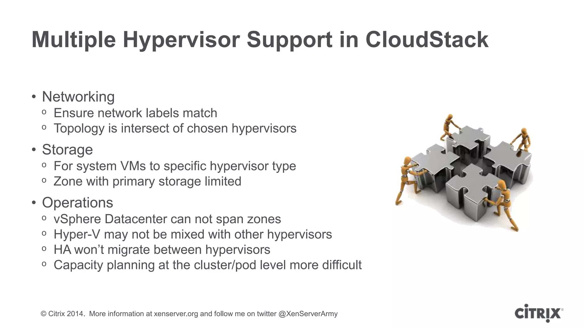 © Citrix 2014. More information at xenserver.org and follow me on twitter @XenServerArmy
Multiple Hypervisor Support in CloudStack
• Networking
ᵒ Ensure network labels match
ᵒ Topology is intersect of chosen hypervisors
• Storage
ᵒ For system VMs to specific hypervisor type
ᵒ Zone with primary storage limited
• Operations
ᵒ vSphere Datacenter can not span zones
ᵒ Hyper-V may not be mixed with other hypervisors
ᵒ HA won’t migrate between hypervisors
ᵒ Capacity planning at the cluster/pod level more difficult
 