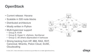 © Citrix 2014. More information at xenserver.org and follow me on twitter @XenServerArmy
OpenStack
• Current release: Havana
• Scalable in 500 node blocks
• Distributed architecture
• Mostly written in Python
• Multi-hypervisor support
ᵒ Group A: KVM
ᵒ Group B: Hyper-V, vSphere, XenServer
ᵒ Group C: All others deprecated in Icehouse
• Strong backing from HP, IBM, RAX, RHT,
Canonical, Mirantis, Piston Cloud, SUSE,
Cloudscaling
 