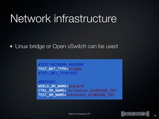 Network infrastructure
Linux bridge or Open vSwitch can be used

Daynix Computing LTD

31

 