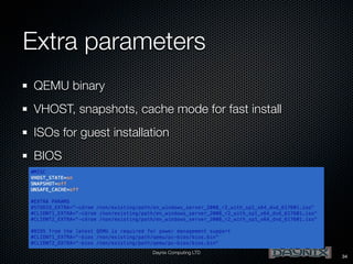 Extra parameters
QEMU binary
VHOST, snapshots, cache mode for fast install
ISOs for guest installation
BIOS

Daynix Computing LTD

34

 