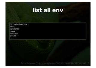 list all env

$ lsvirthualenv	
curl	
optparse	
snap	
testenv	
yesod	
 