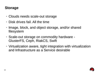 Storage
●

Clouds needs scale-out storage

●

Disk drives fail. All the time

●

●

●

15

Image, block, and object storage, and/or shared
filesystem
Scale-out storage on commodity hardware GlusterFS, Ceph, RiakCS, Swift
Virtualization aware, tight integration with virtualization
and Infrastructure as a Service desirable

 
