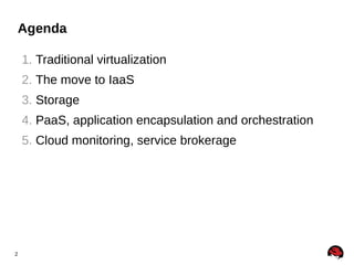 Agenda
1. Traditional virtualization
2. The move to IaaS
3. Storage
4. PaaS, application encapsulation and orchestration
5. Cloud monitoring, service brokerage

2

 