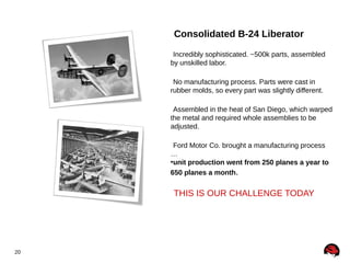 Consolidated B-24 Liberator
Incredibly sophisticated. ~500k parts, assembled
by unskilled labor.
No manufacturing process. Parts were cast in
rubber molds, so every part was slightly different.
Assembled in the heat of San Diego, which warped
the metal and required whole assemblies to be
adjusted.
Ford Motor Co. brought a manufacturing process
…
●
unit production went from 250 planes a year to
650 planes a month.

THIS IS OUR CHALLENGE TODAY

20

 