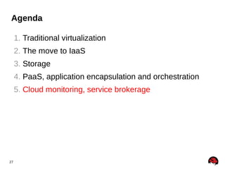 Agenda
1. Traditional virtualization
2. The move to IaaS
3. Storage
4. PaaS, application encapsulation and orchestration
5. Cloud monitoring, service brokerage

27

 