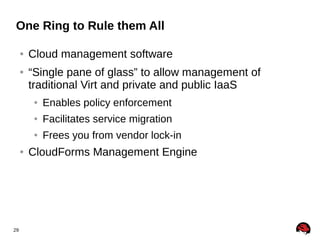 One Ring to Rule them All
●

●

Cloud management software
“Single pane of glass” to allow management of
traditional Virt and private and public IaaS
●
●

29

Facilitates service migration

●

●

Enables policy enforcement
Frees you from vendor lock-in

CloudForms Management Engine

 