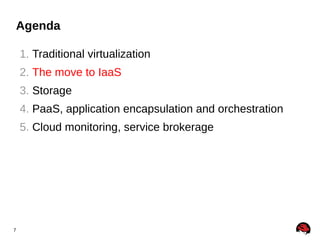 Agenda
1. Traditional virtualization
2. The move to IaaS
3. Storage
4. PaaS, application encapsulation and orchestration
5. Cloud monitoring, service brokerage

7

 