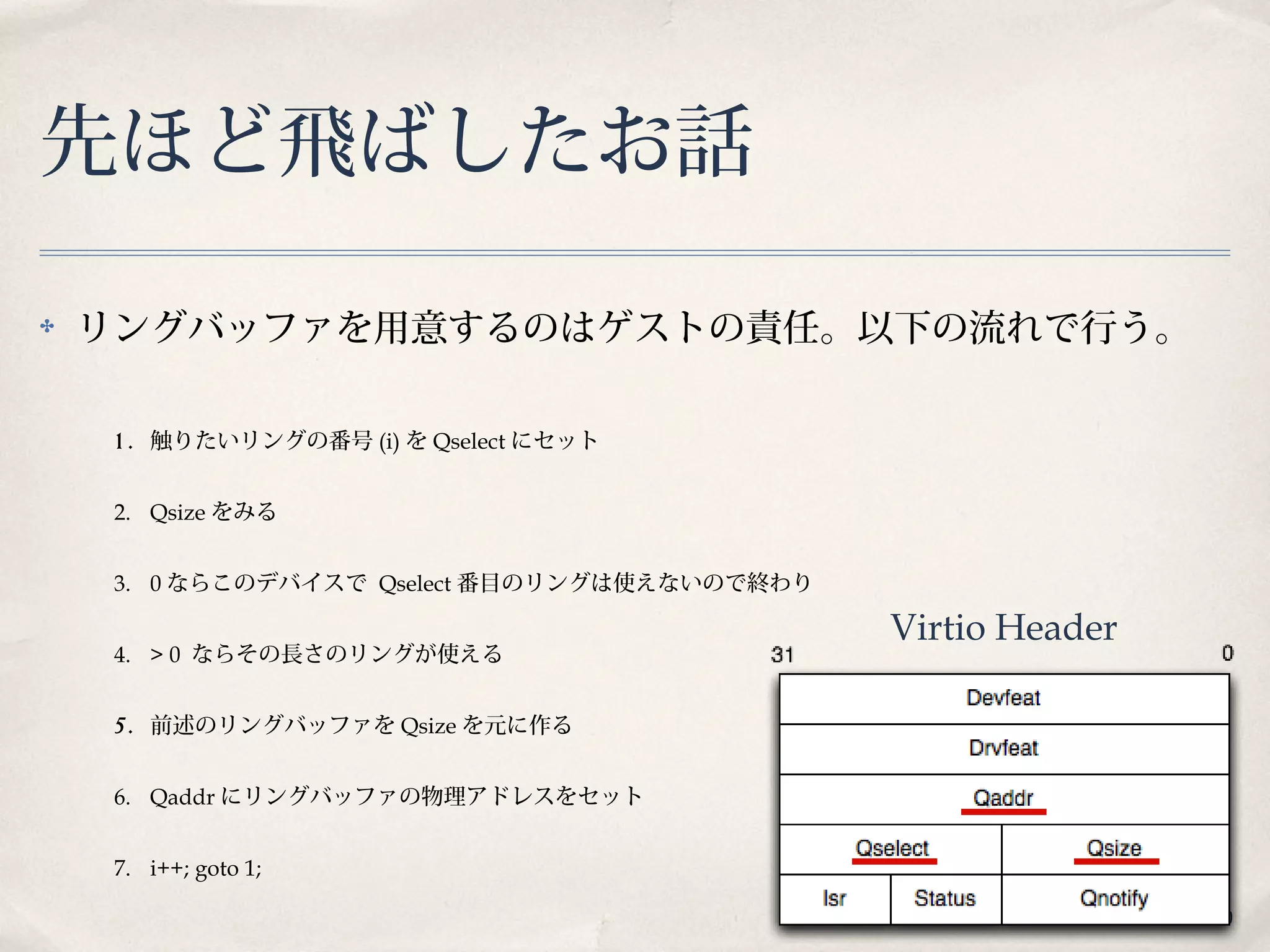 30
先ほど飛ばしたお話
✤ リングバッファを用意するのはゲストの責任。以下の流れで行う。
1 . 触りたいリングの番号 (i) を Qselect にセット
2. Qsize をみる
3. 0 ならこのデバイスで Qselect 番目のリングは使えないので終わり
4. > 0 ならその長さのリングが使える
5. 前述のリングバッファを Qsize を元に作る
6. Qaddr にリングバッファの物理アドレスをセット
7. i++; goto 1;
Virtio Header
 