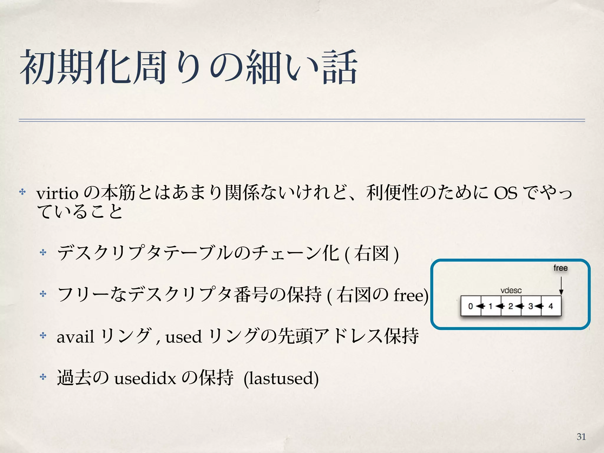 31
初期化周りの細い話
✤ virtio の本筋とはあまり関係ないけれど、利便性のために OS でやっ
ていること
✤ デスクリプタテーブルのチェーン化 ( 右図 )
✤ フリーなデスクリプタ番号の保持 ( 右図の free)
✤ avail リング , used リングの先頭アドレス保持
✤ 過去の usedidx の保持 (lastused)
 