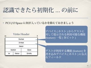 13
認識できたら初期化 ... の前に
✤ PCI I/O Space に何が入っているかを抑えておきましょう
デバイス ( ホスト ) からゲストに
対して提示される利用可能な機能
(feature) 一覧 ( 各ビット )
ゲストが利用する機能 (feature) を
書き込みデバイス ( ホスト ) に伝え
るフィールド
Virtio Header
 