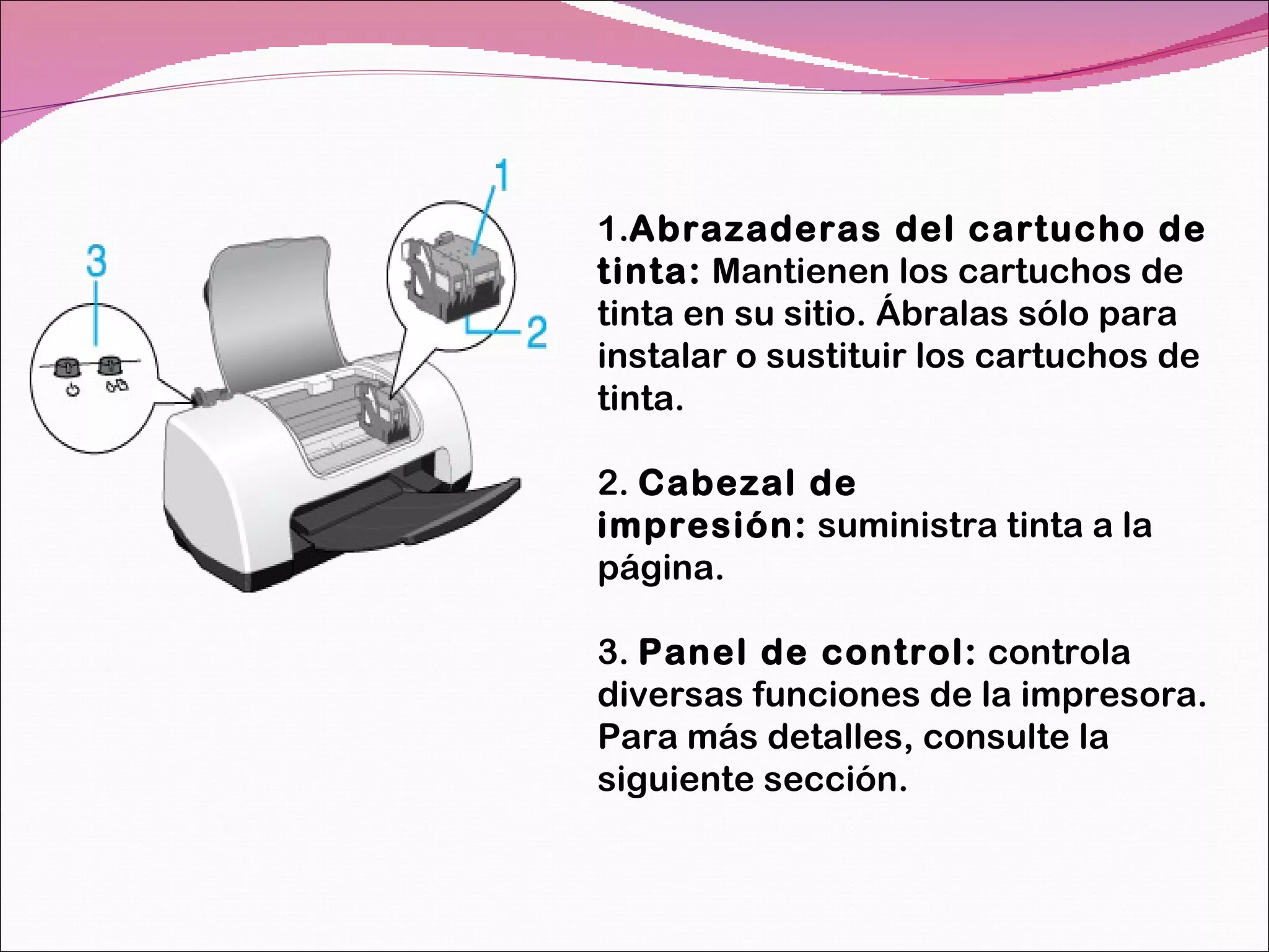 1. Abrazaderas del cartucho de tinta:  Mantienen los cartuchos de tinta en su sitio. Ábralas sólo para instalar o sustituir los cartuchos de tinta. 2.  Cabezal de impresión:  suministra tinta a la página. 3.  Panel de control:  controla diversas funciones de la impresora. Para más detalles, consulte la siguiente sección. 