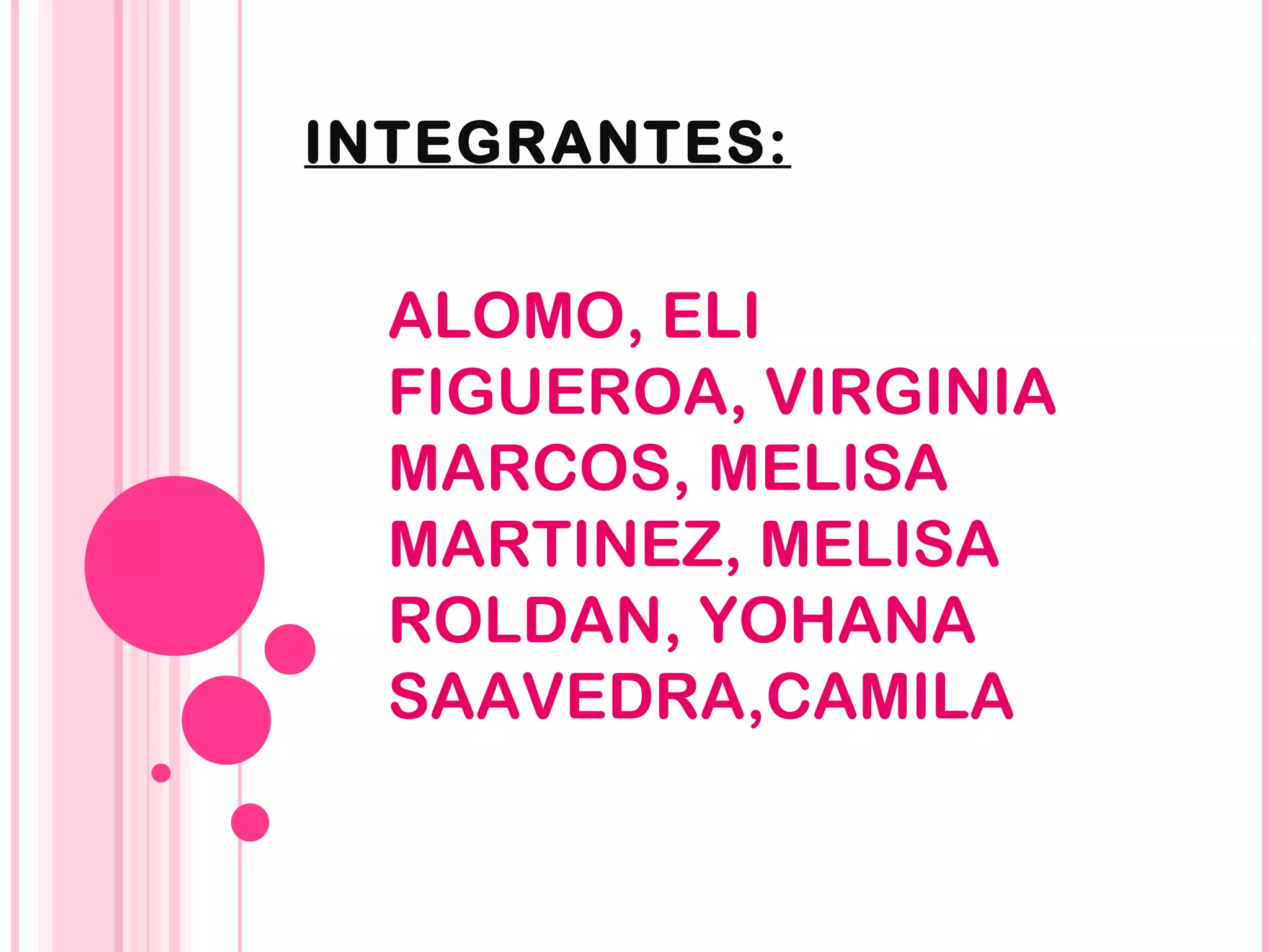 ALOMO, ELI FIGUEROA, VIRGINIA MARCOS, MELISA MARTINEZ, MELISA ROLDAN, YOHANA SAAVEDRA,CAMILA INTEGRANTES: 