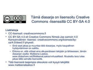 Lisätietoja
• CC-lisenssit: creativecommons.fi
• CC BY-SA 4.0 eli Creative Commons Nimeä-Jaa samoin 4.0
Kansainvälinen -lisenssi: creativecommons.org/licenses/by-
sa/4.0/deed.fi lyhyesti:
– Sinä saat jakaa ja muuntaa tätä diasarjaa, myös kaupallinen
hyödyntäminen on sallittu.
– Ehtona on, että viittaat aina alkuperäiseen tekijään ja lähteeseen, tämän
diasarjan osalta: Matleena Laakso,
www.slideshare.net/MatleenaLaakso/virtuaalilasit. Muokattu teos tulee
jakaa tällä samalla lisenssillä.
• Tätä lisenssiä laajempia oikeuksia voit kysyä tekijältä:
www.matleenalaakso.fi
Tämä diasarja on lisensoitu Creative
Commons -lisenssillä CC BY-SA 4.0
 