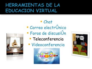Chat Correo electrónico Foros de discusión Teleconferencia Videoconferencia 