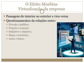 O Efeito Moebius Virtualização da empresa Passagem do interior ao exterior e vice-versa Questionamentos da relações entre: Privado e público; Próprio e comum; Subjetivo e objetivo; Mapa e território; Autor e leitor; 