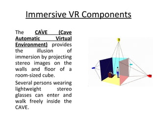 Immersive VR Components
           »
The     CAVE       (Cave
Automatic         Virtual
Environment) provides
the      illusion      of
immersion by projecting
stereo images on the
walls and floor of a
room-sized cube.
Several persons wearing
lightweight       stereo
glasses can enter and
walk freely inside the
CAVE.
 
