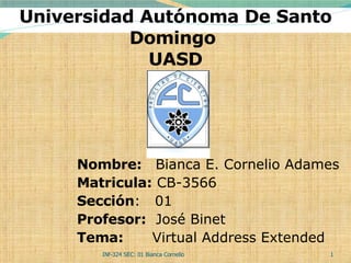 INf-324 SEC: 01 Bianca Cornelio  Universidad Autónoma De Santo Domingo  UASD Nombre:  Bianca E. Cornelio Adames Matricula:  CB-3566 Sección :  01 Profesor:   José Binet  Tema:   Virtual Address Extended 