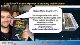© Skilltower Institute, 201626
CognitiveVR scene explorer in ordinary web browser
Robert Merki, CognitiveVR:Robert Merki, ...