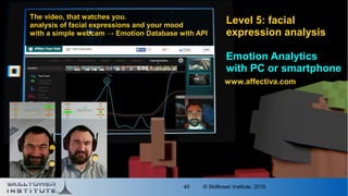 © Skilltower Institute, 201640
Level 5: facial
expression analysis
Emotion Analytics
with PC or smartphone
www.affectiva.comwww.affectiva.com
The video, that watches you.The video, that watches you.
analysis of facial expressions and your moodanalysis of facial expressions and your mood
with a simple webcam → Emotion Database with APIwith a simple webcam → Emotion Database with API
 