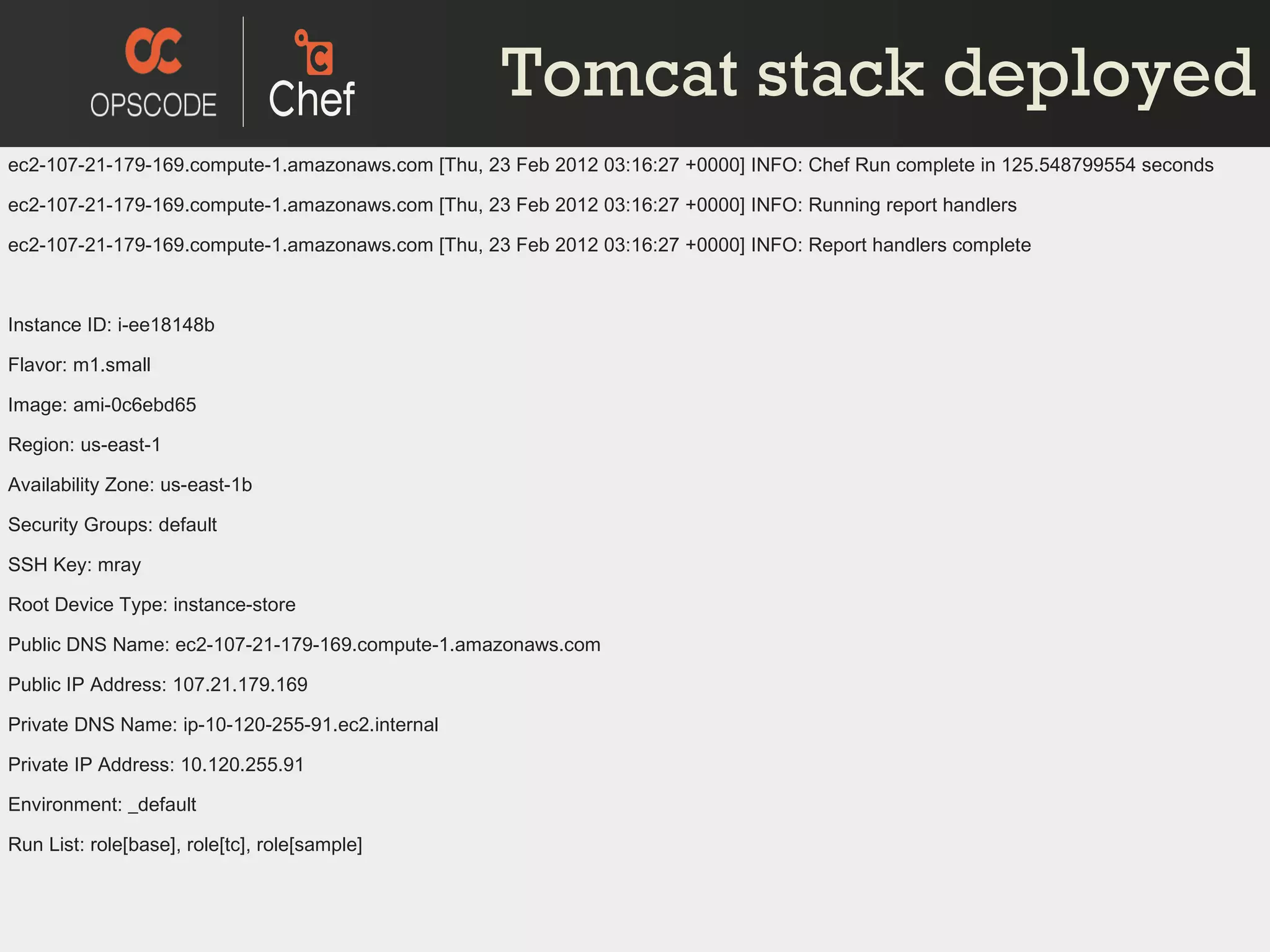 Tomcat stack deployed ec2-107-21-179-169.compute-1.amazonaws.com [Thu, 23 Feb 2012 03:16:27 +0000] INFO: Chef Run complete in 125.548799554 seconds ec2-107-21-179-169.compute-1.amazonaws.com [Thu, 23 Feb 2012 03:16:27 +0000] INFO: Running report handlers ec2-107-21-179-169.compute-1.amazonaws.com [Thu, 23 Feb 2012 03:16:27 +0000] INFO: Report handlers complete Instance ID: i-ee18148b Flavor: m1.small Image: ami-0c6ebd65 Region: us-east-1 Availability Zone: us-east-1b Security Groups: default SSH Key: mray Root Device Type: instance-store Public DNS Name: ec2-107-21-179-169.compute-1.amazonaws.com Public IP Address: 107.21.179.169 Private DNS Name: ip-10-120-255-91.ec2.internal Private IP Address: 10.120.255.91 Environment: _default Run List: role[base], role[tc], role[sample] 