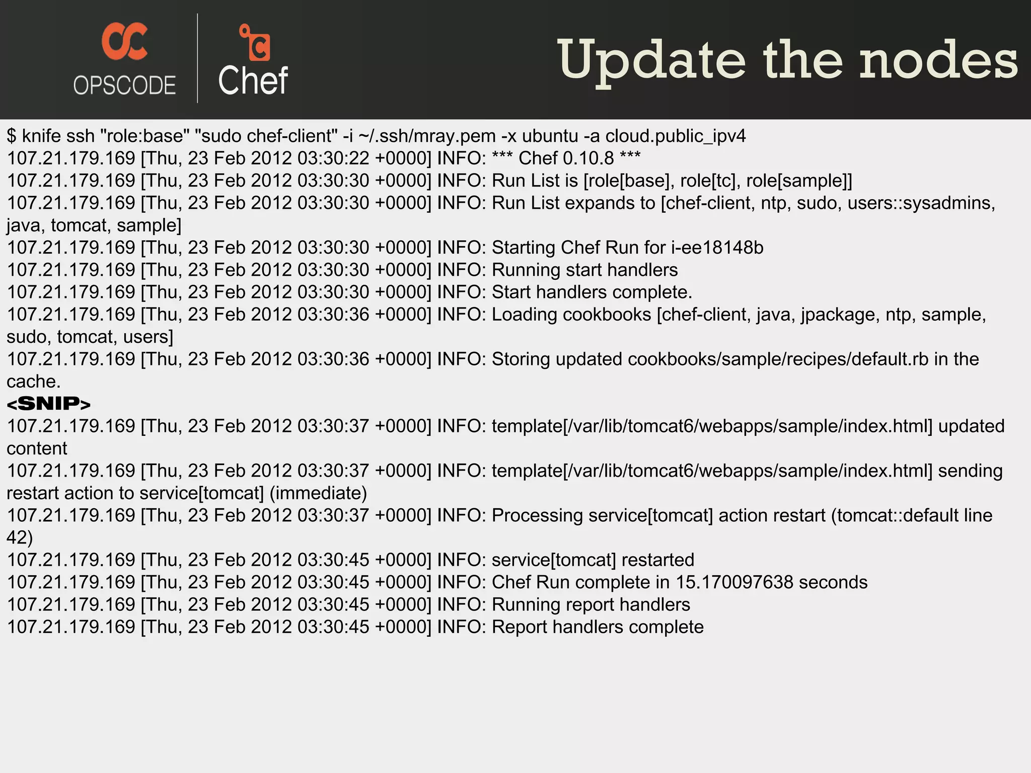 Update the nodes $ knife ssh &quot;role:base&quot; &quot;sudo chef-client&quot; -i ~/.ssh/mray.pem -x ubuntu -a cloud.public_ipv4 107.21.179.169 [Thu, 23 Feb 2012 03:30:22 +0000] INFO: *** Chef 0.10.8 *** 107.21.179.169 [Thu, 23 Feb 2012 03:30:30 +0000] INFO: Run List is [role[base], role[tc], role[sample]] 107.21.179.169 [Thu, 23 Feb 2012 03:30:30 +0000] INFO: Run List expands to [chef-client, ntp, sudo, users::sysadmins, java, tomcat, sample] 107.21.179.169 [Thu, 23 Feb 2012 03:30:30 +0000] INFO: Starting Chef Run for i-ee18148b 107.21.179.169 [Thu, 23 Feb 2012 03:30:30 +0000] INFO: Running start handlers 107.21.179.169 [Thu, 23 Feb 2012 03:30:30 +0000] INFO: Start handlers complete. 107.21.179.169 [Thu, 23 Feb 2012 03:30:36 +0000] INFO: Loading cookbooks [chef-client, java, jpackage, ntp, sample, sudo, tomcat, users] 107.21.179.169 [Thu, 23 Feb 2012 03:30:36 +0000] INFO: Storing updated cookbooks/sample/recipes/default.rb in the cache. <SNIP> 107.21.179.169 [Thu, 23 Feb 2012 03:30:37 +0000] INFO: template[/var/lib/tomcat6/webapps/sample/index.html] updated content 107.21.179.169 [Thu, 23 Feb 2012 03:30:37 +0000] INFO: template[/var/lib/tomcat6/webapps/sample/index.html] sending restart action to service[tomcat] (immediate) 107.21.179.169 [Thu, 23 Feb 2012 03:30:37 +0000] INFO: Processing service[tomcat] action restart (tomcat::default line 42) 107.21.179.169 [Thu, 23 Feb 2012 03:30:45 +0000] INFO: service[tomcat] restarted 107.21.179.169 [Thu, 23 Feb 2012 03:30:45 +0000] INFO: Chef Run complete in 15.170097638 seconds 107.21.179.169 [Thu, 23 Feb 2012 03:30:45 +0000] INFO: Running report handlers 107.21.179.169 [Thu, 23 Feb 2012 03:30:45 +0000] INFO: Report handlers complete 