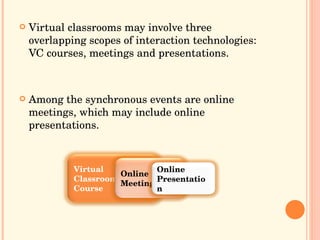 Virtual classrooms may involve three overlapping scopes of interaction technologies: VC courses, meetings and presentations. Among the synchronous events are online meetings, which may include online presentations. Virtual Classroom Course Online Meeting Online Presentation 
