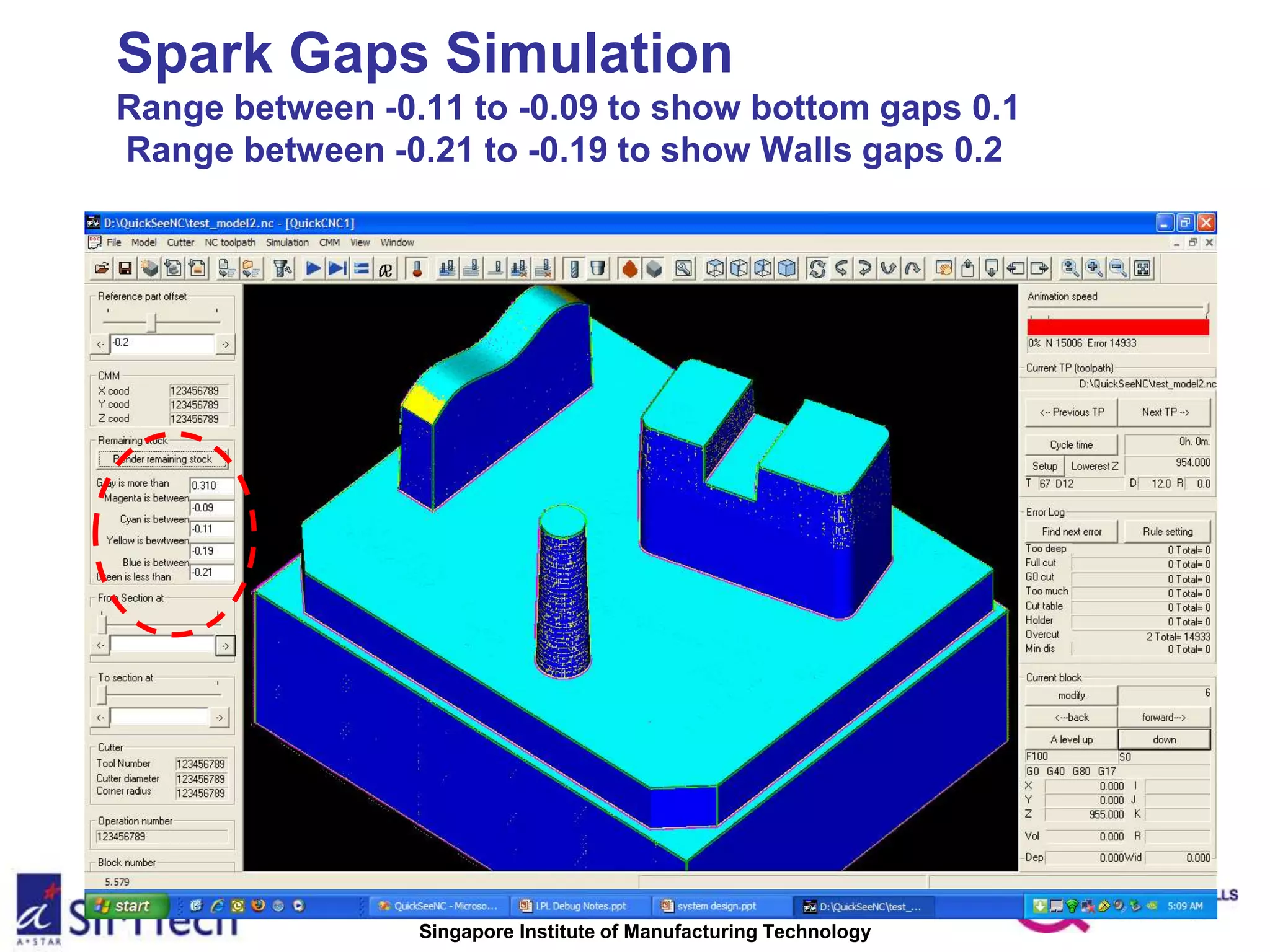 Copyright © 2012 All rights reserved
Singapore Institute of Manufacturing Technology
Spark Gaps Simulation
Range between -0.11 to -0.09 to show bottom gaps 0.1
Range between -0.21 to -0.19 to show Walls gaps 0.2
 