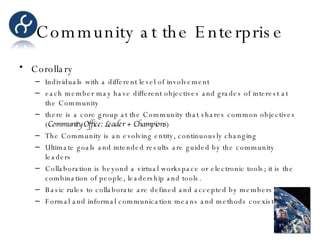Community at the Enterprise Corollary Individuals with a different level of involvement each member may have different objectives and grades of interest at the Community  there is a core group at the Community that shares common objectives ( Community Office: Leader + Champions ) The Community is an evolving entity, continuously changing Ultimate goals and intended results are guided by the community leaders Collaboration is beyond a virtual workspace or electronic tools; it is the combination of people, leadership and tools. Basic rules to collaborate are defined and accepted by members Formal and informal communication means and methods coexist 