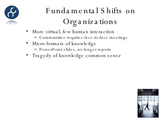 Fundamental Shifts on Organizations More virtual, few human interaction Communities requires face-to-face meetings Micro formats of knowledge PowerPoint slides, no longer reports  Tragedy of knowledge common sense 