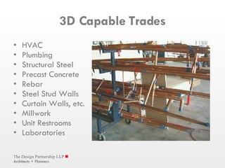 HVAC Plumbing Structural Steel Precast Concrete Rebar Steel Stud Walls Curtain Walls, etc. Millwork Unit Restrooms Laboratories 3D Capable Trades 