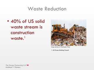 Waste Reduction 40% of US solid waste stream is construction waste. 1 Image courtesy of Washington Times. 1. US Green Building Council 