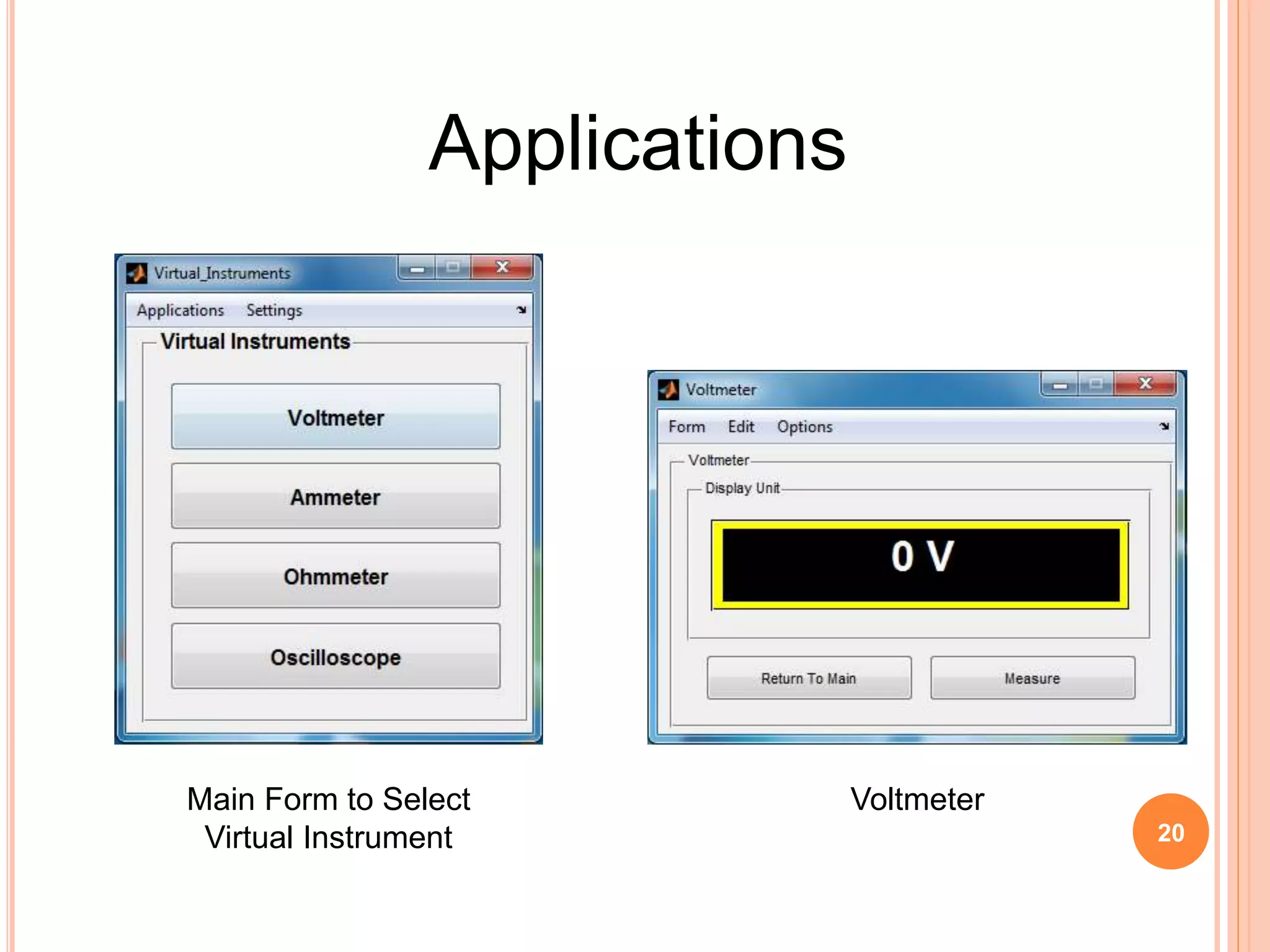 Applications
Main Form to Select
Virtual Instrument
Voltmeter
20
 