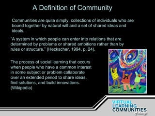 A Definition of Community Communities are quite simply, collections of individuals who are bound together by natural will and a set of shared ideas and ideals.   “ A system in which people can enter into relations that are determined by problems or shared ambitions rather than by rules or structure.” (Heckscher, 1994, p. 24).   The process of social learning that occurs when people who have a common interest in some subject or problem collaborate over an extended period to share ideas, find solutions, and build innovations. (Wikipedia) 