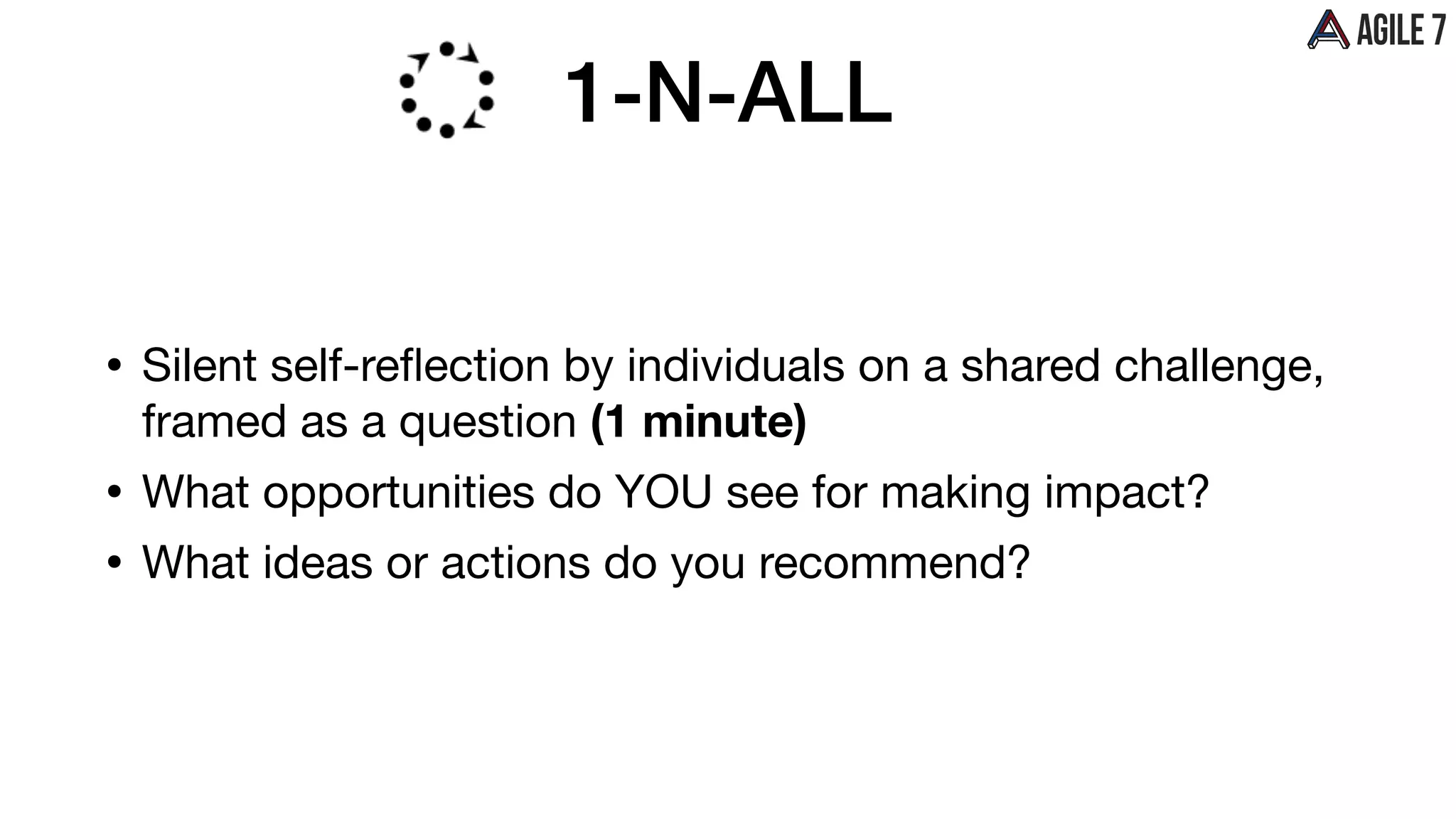 1-N-ALL
• Silent self-reﬂection by individuals on a shared challenge,
framed as a question (1 minute)
• What opportunities do YOU see for making impact?

• What ideas or actions do you recommend?
 