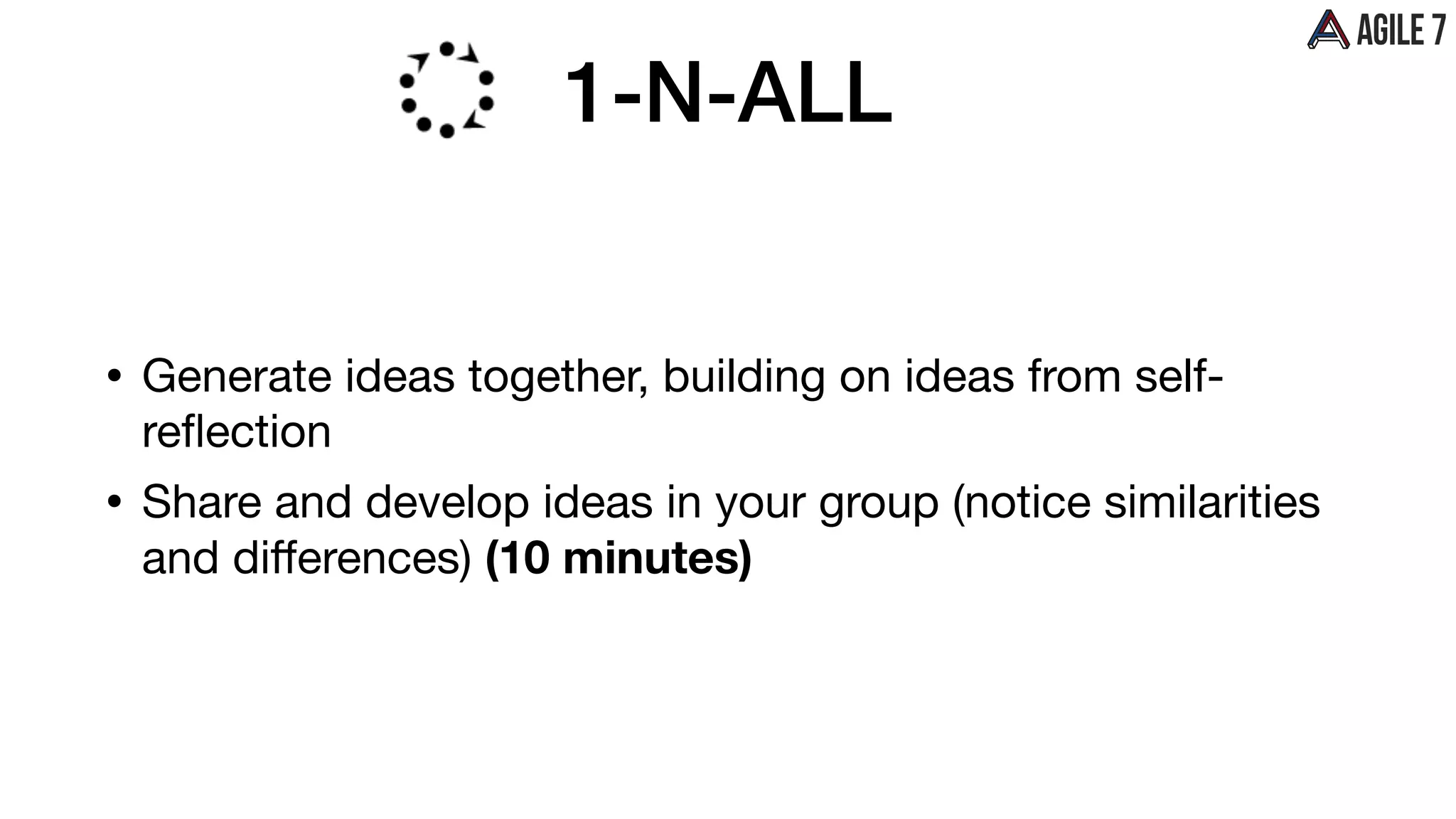 1-N-ALL
• Generate ideas together, building on ideas from self-
reﬂection

• Share and develop ideas in your group (notice similarities
and diﬀerences) (10 minutes)
 